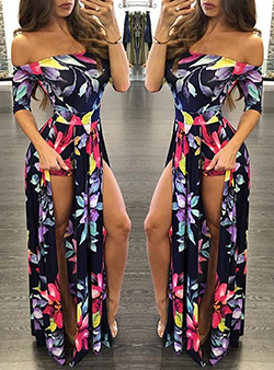 Off Shoulder Floral Maxi Dress - Build In Shorts / Dual Slit